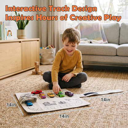 Portable Toy Car Storage Roll and Playmat - Travel Car Carrier Organizer Case for 6 Small Cars - Compatible with Hot Wheels & Matchbox, Toddler Quiet Play Activity Mat for Airplane