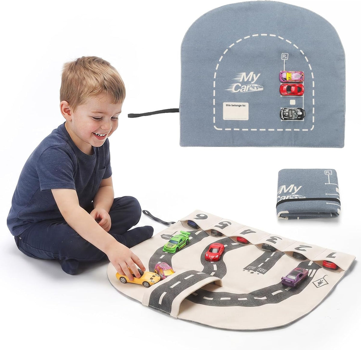 Portable Toy Car Storage Roll and Playmat - Travel Car Carrier Organizer Case for 6 Small Cars - Compatible with Hot Wheels & Matchbox, Toddler Quiet Play Activity Mat for Airplane