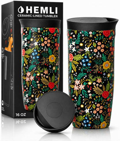 16 oz Ceramic Lined Coffee Tumbler – Triple-Wall Insulated Travel Mug with Leakproof Push-Lock Lid (Blue China)
