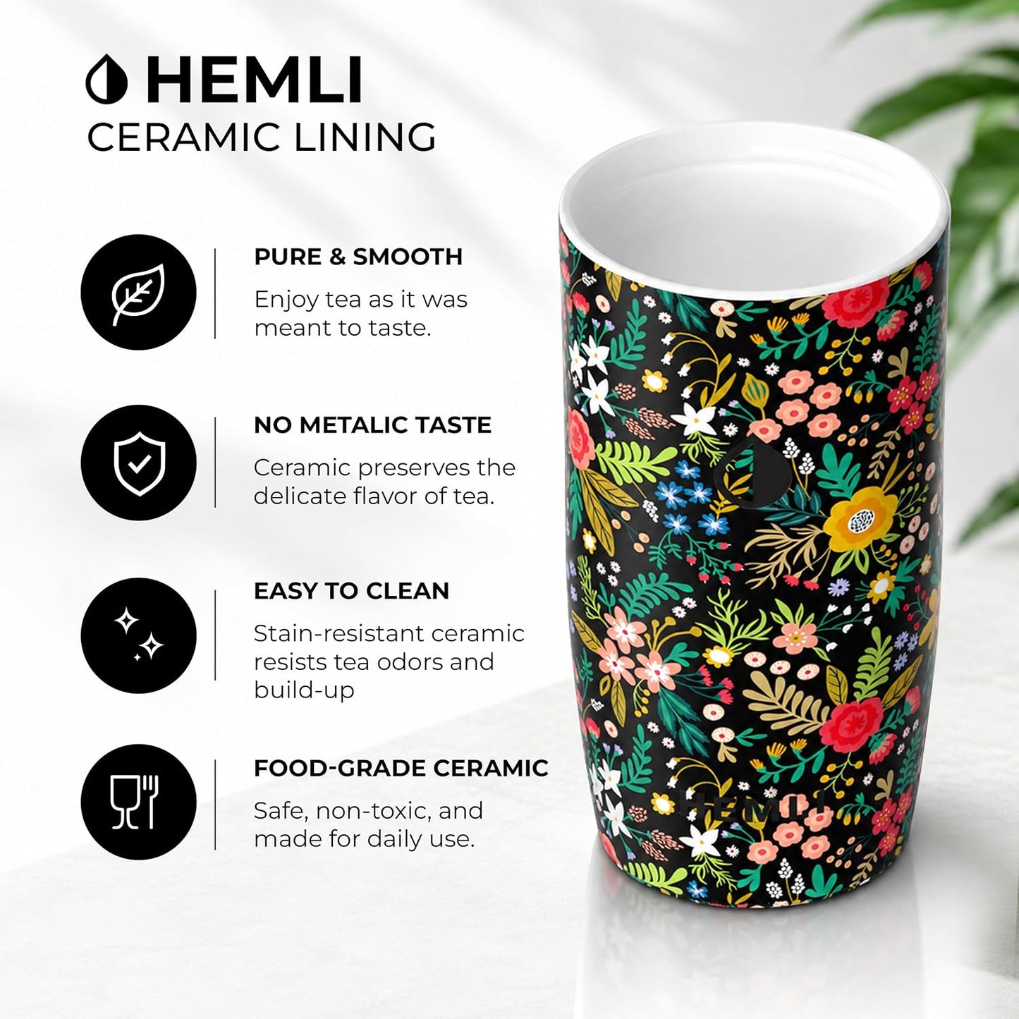 16 oz Ceramic Lined Coffee Tumbler – Triple-Wall Insulated Travel Mug with Leakproof Push-Lock Lid (Blue China)