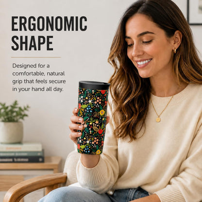 16 oz Ceramic Lined Coffee Tumbler – Triple-Wall Insulated Travel Mug with Leakproof Push-Lock Lid (Blue China)