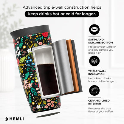 16 oz Ceramic Lined Coffee Tumbler – Triple-Wall Insulated Travel Mug with Leakproof Push-Lock Lid (Blue China)