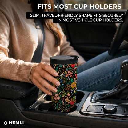 16 oz Ceramic Lined Coffee Tumbler – Triple-Wall Insulated Travel Mug with Leakproof Push-Lock Lid (Blue China)