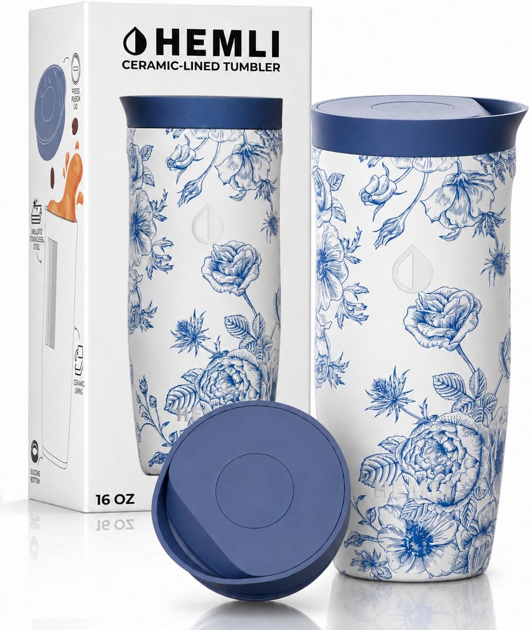 16 oz Ceramic Lined Coffee Tumbler – Triple-Wall Insulated Travel Mug with Leakproof Push-Lock Lid (Blue China)