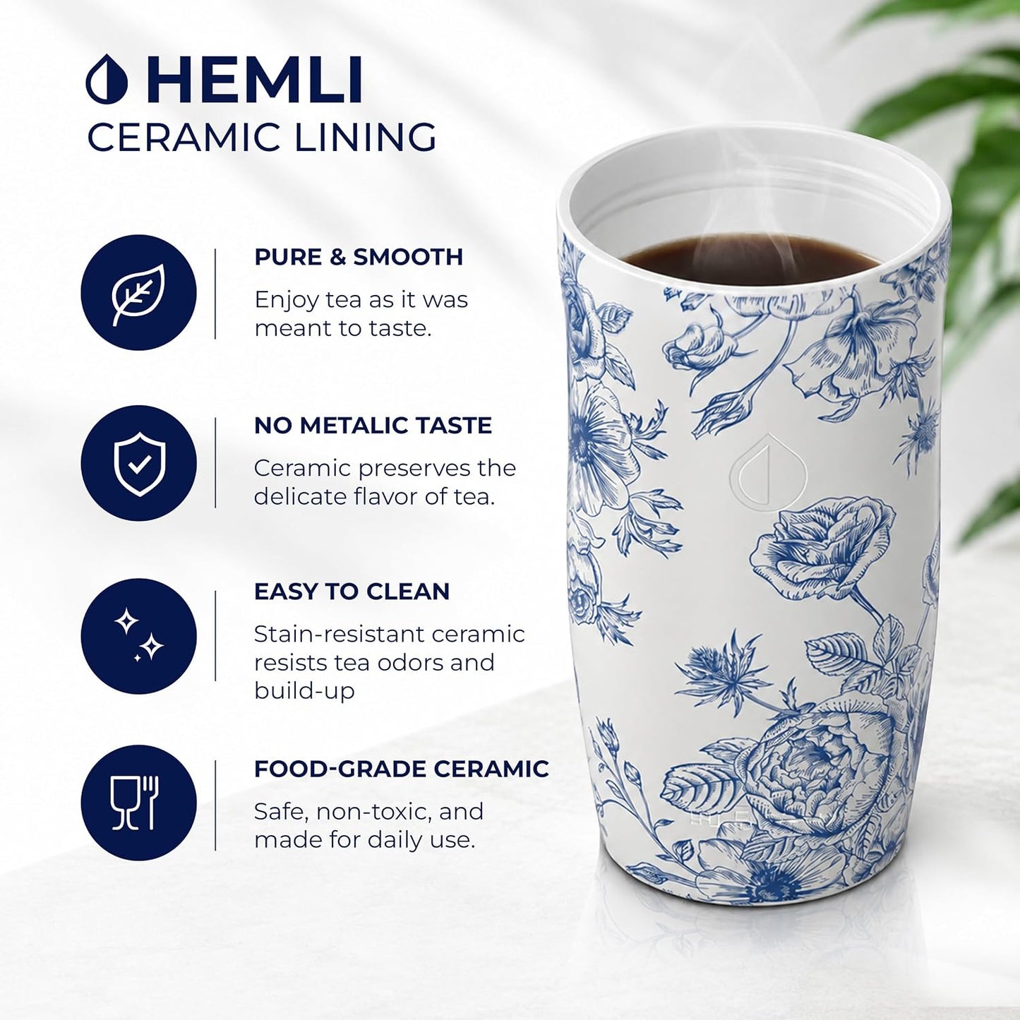 16 oz Ceramic Lined Coffee Tumbler – Triple-Wall Insulated Travel Mug with Leakproof Push-Lock Lid (Blue China)