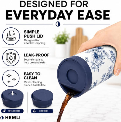 16 oz Ceramic Lined Coffee Tumbler – Triple-Wall Insulated Travel Mug with Leakproof Push-Lock Lid (Blue China)