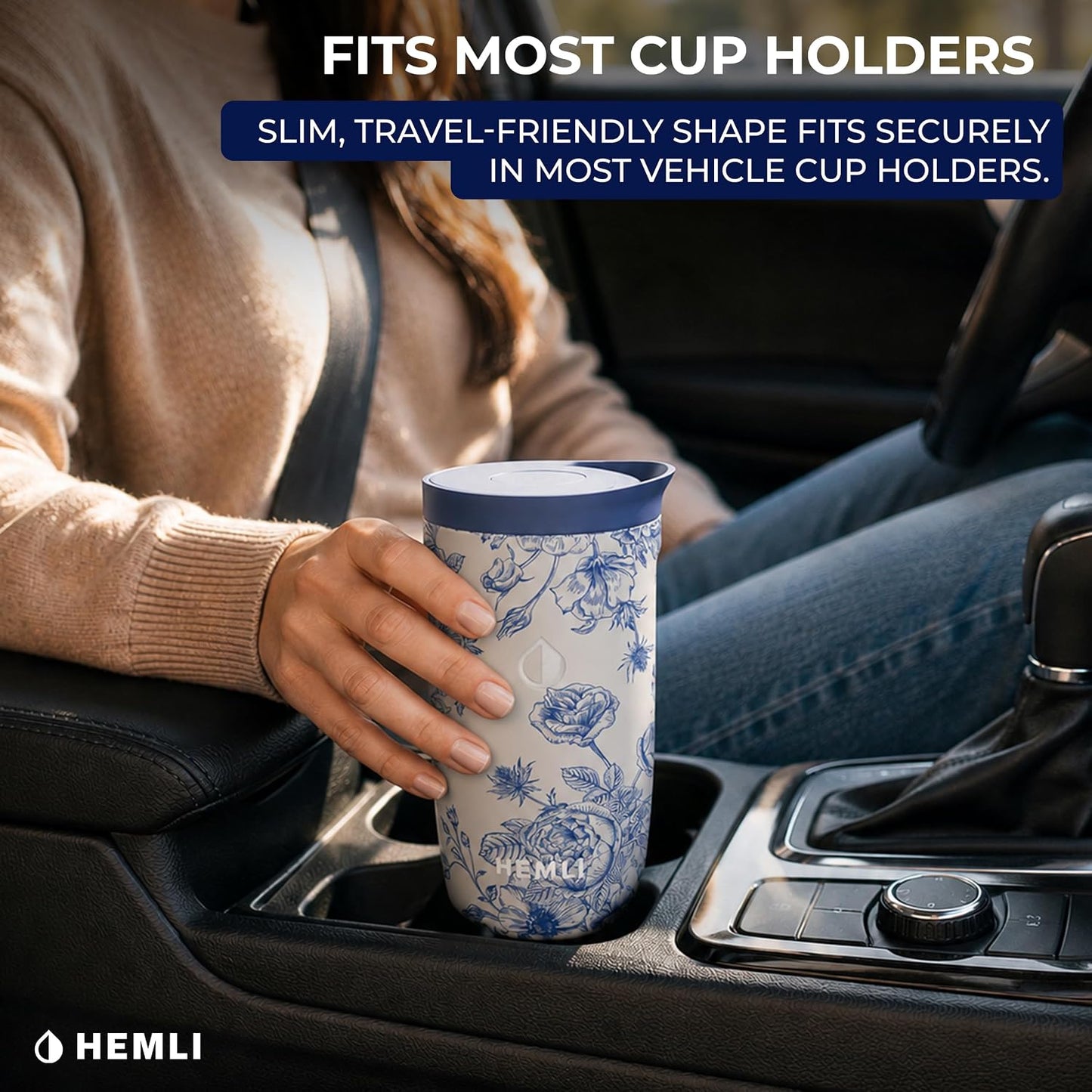 16 oz Ceramic Lined Coffee Tumbler – Triple-Wall Insulated Travel Mug with Leakproof Push-Lock Lid (Blue China)