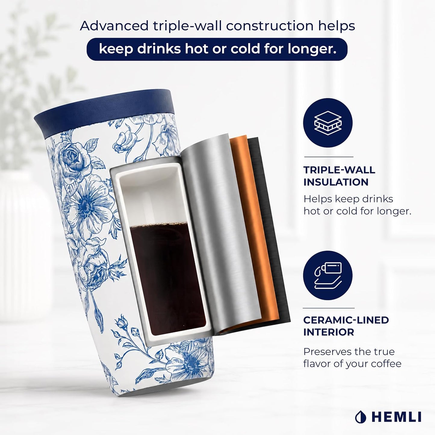 16 oz Ceramic Lined Coffee Tumbler – Triple-Wall Insulated Travel Mug with Leakproof Push-Lock Lid (Blue China)