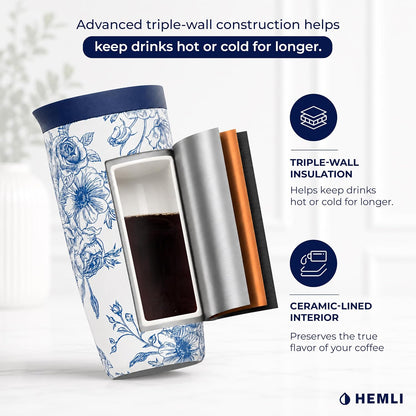 16 oz Ceramic Lined Coffee Tumbler – Triple-Wall Insulated Travel Mug with Leakproof Push-Lock Lid (Blue China)