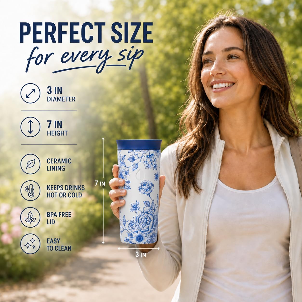 16 oz Ceramic Lined Coffee Tumbler – Triple-Wall Insulated Travel Mug with Leakproof Push-Lock Lid (Blue China)