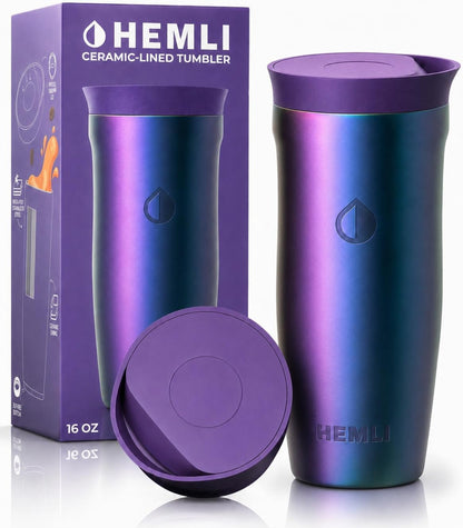 16 oz Ceramic Lined Coffee Tumbler – Triple-Wall Insulated Travel Mug with Leakproof Push-Lock Lid (Blue China)