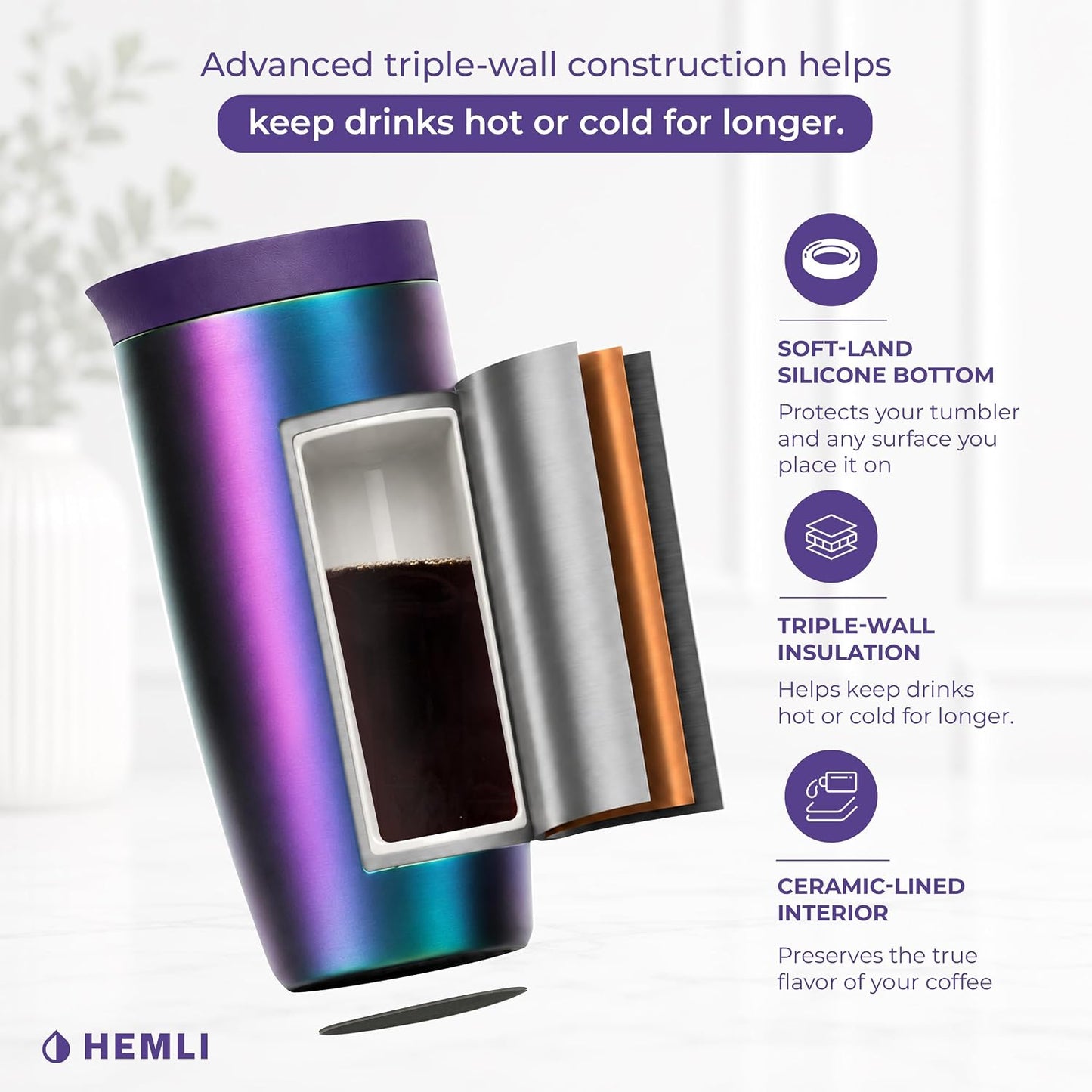16 oz Ceramic Lined Coffee Tumbler – Triple-Wall Insulated Travel Mug with Leakproof Push-Lock Lid (Blue China)