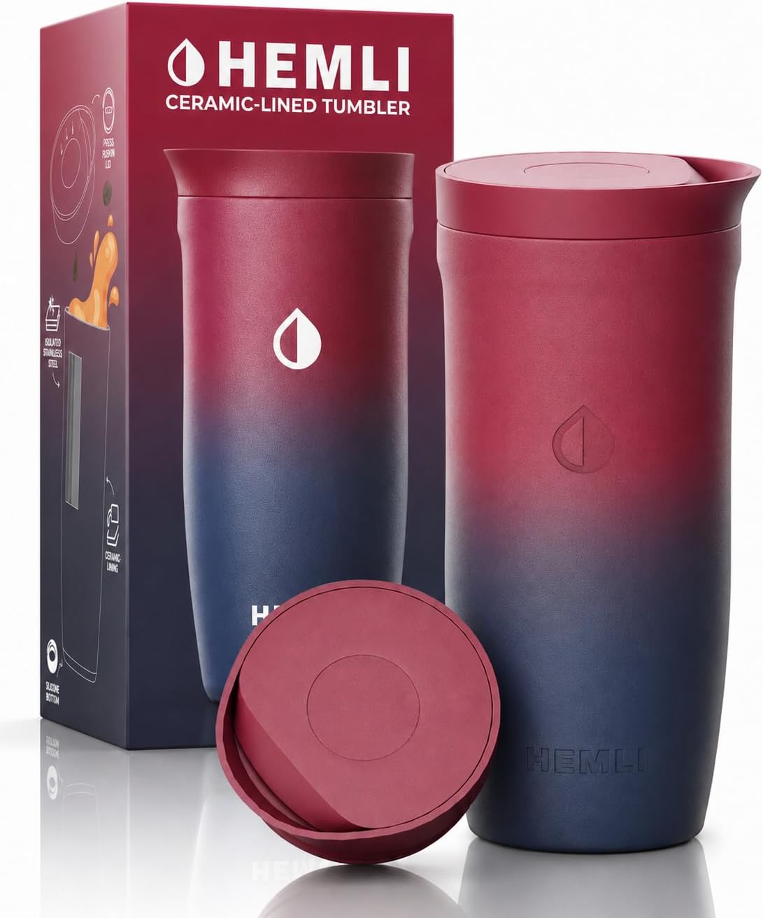 16 oz Ceramic Lined Coffee Tumbler – Triple-Wall Insulated Travel Mug with Leakproof Push-Lock Lid (Blue China)