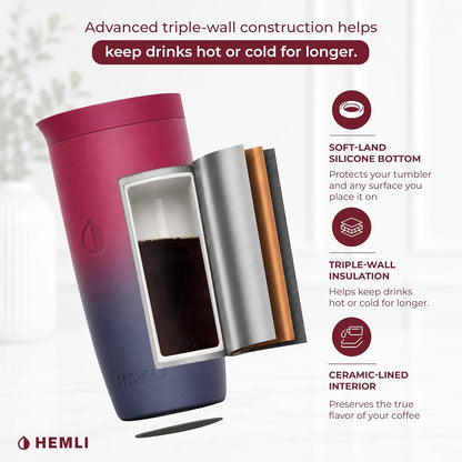 16 oz Ceramic Lined Coffee Tumbler – Triple-Wall Insulated Travel Mug with Leakproof Push-Lock Lid (Blue China)