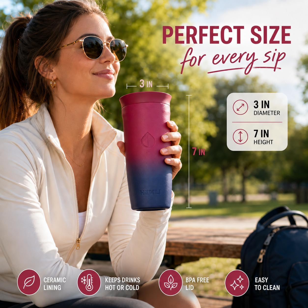 16 oz Ceramic Lined Coffee Tumbler – Triple-Wall Insulated Travel Mug with Leakproof Push-Lock Lid (Blue China)