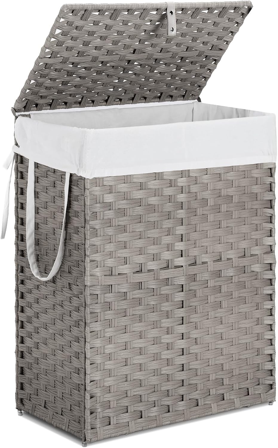 Laundry Hamper with Lid, 90 L Large Capacity Hamper, Rattan Laundry Basket with Compartments & Handles, Foldable, Removable Liner, Dove Gray