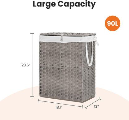 Laundry Hamper with Lid, 90 L Large Capacity Hamper, Rattan Laundry Basket with Compartments & Handles, Foldable, Removable Liner, Dove Gray