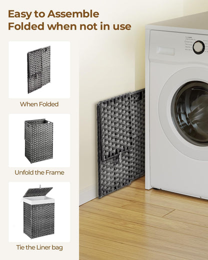 Laundry Hamper with Lid, 90 L Large Capacity Hamper, Rattan Laundry Basket with Compartments & Handles, Foldable, Removable Liner, Dove Gray