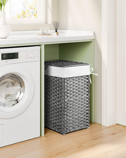 Laundry Hamper with Lid, 90 L Large Capacity Hamper, Rattan Laundry Basket with Compartments & Handles, Foldable, Removable Liner, Dove Gray