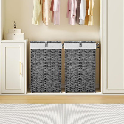 Laundry Hamper with Lid, 90 L Large Capacity Hamper, Rattan Laundry Basket with Compartments & Handles, Foldable, Removable Liner, Dove Gray