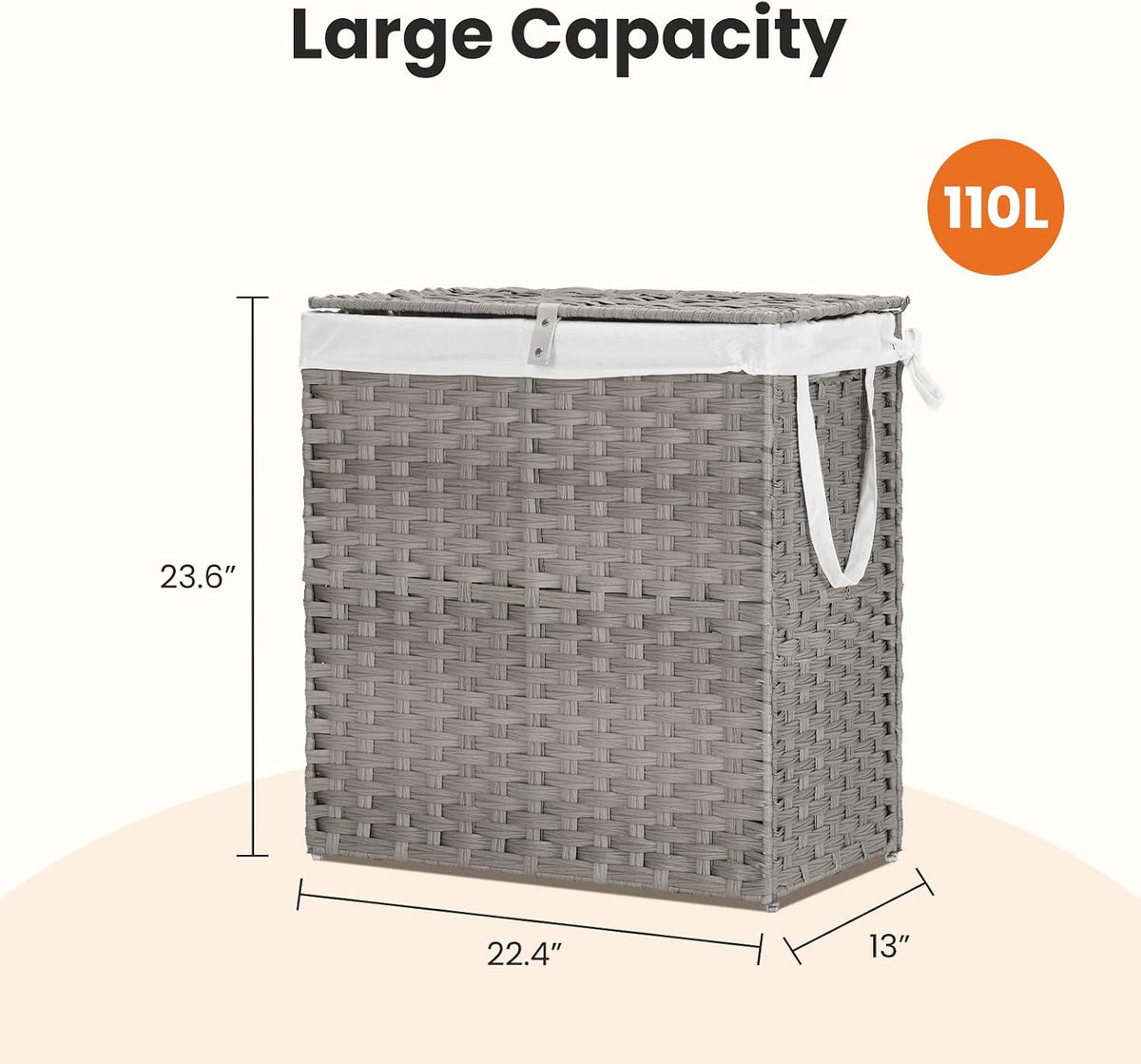 Laundry Hamper with Lid, 90 L Large Capacity Hamper, Rattan Laundry Basket with Compartments & Handles, Foldable, Removable Liner, Dove Gray