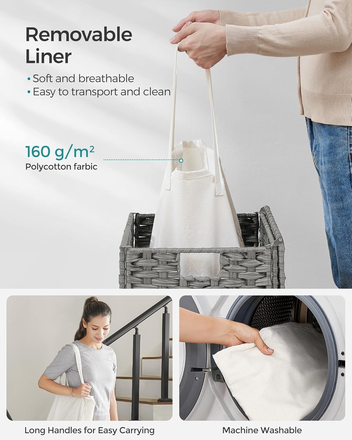 Laundry Hamper with Lid, 90 L Large Capacity Hamper, Rattan Laundry Basket with Compartments & Handles, Foldable, Removable Liner, Dove Gray