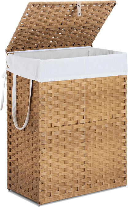 Laundry Hamper with Lid, 90 L Large Capacity Hamper, Rattan Laundry Basket with Compartments & Handles, Foldable, Removable Liner, Dove Gray