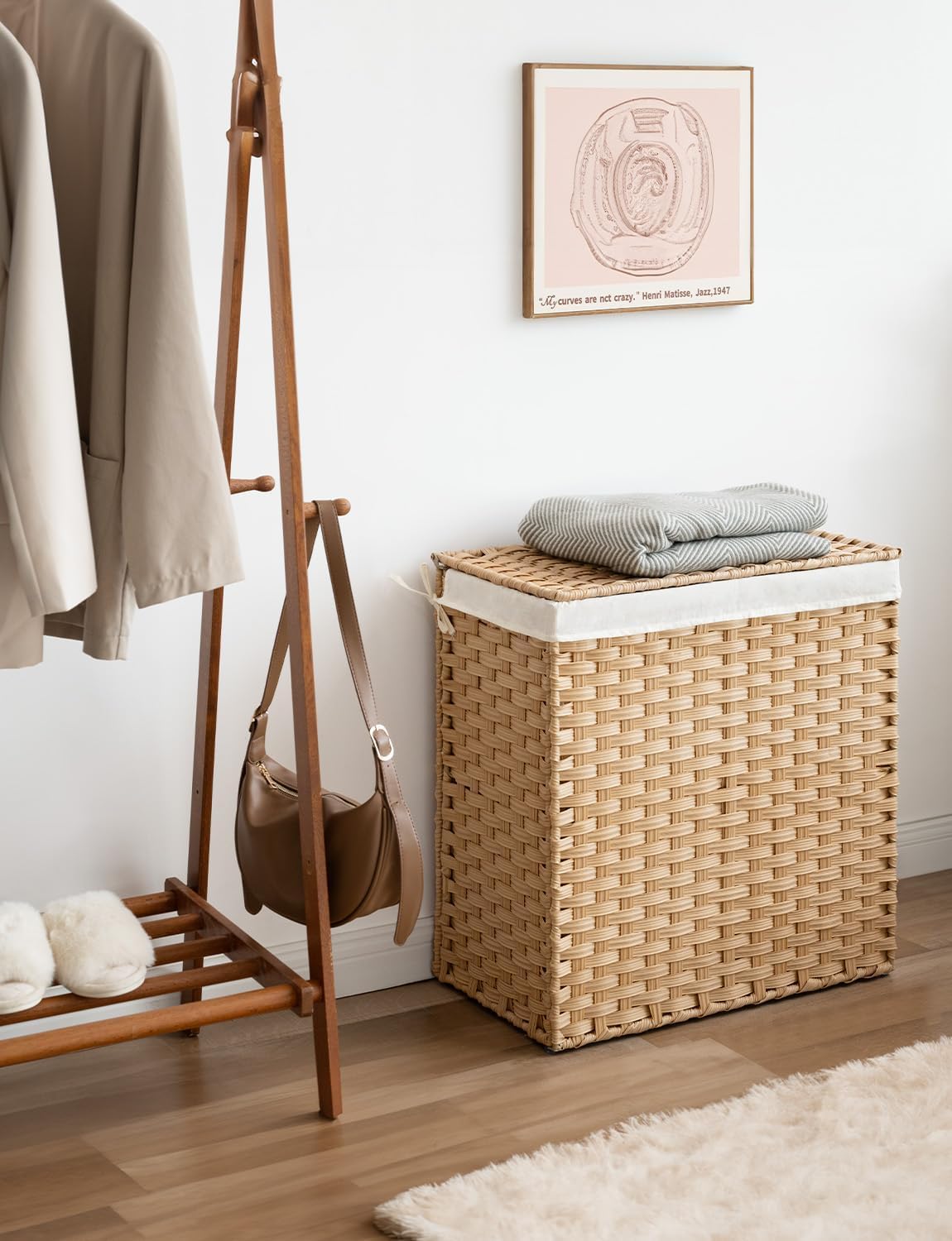 Laundry Hamper with Lid, 90 L Large Capacity Hamper, Rattan Laundry Basket with Compartments & Handles, Foldable, Removable Liner, Dove Gray