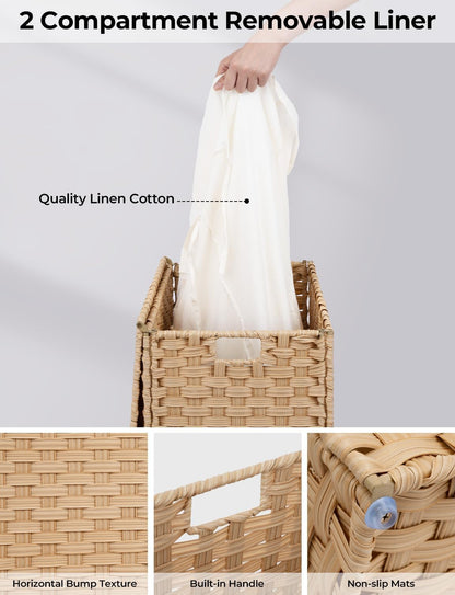 Laundry Hamper with Lid, 90 L Large Capacity Hamper, Rattan Laundry Basket with Compartments & Handles, Foldable, Removable Liner, Dove Gray