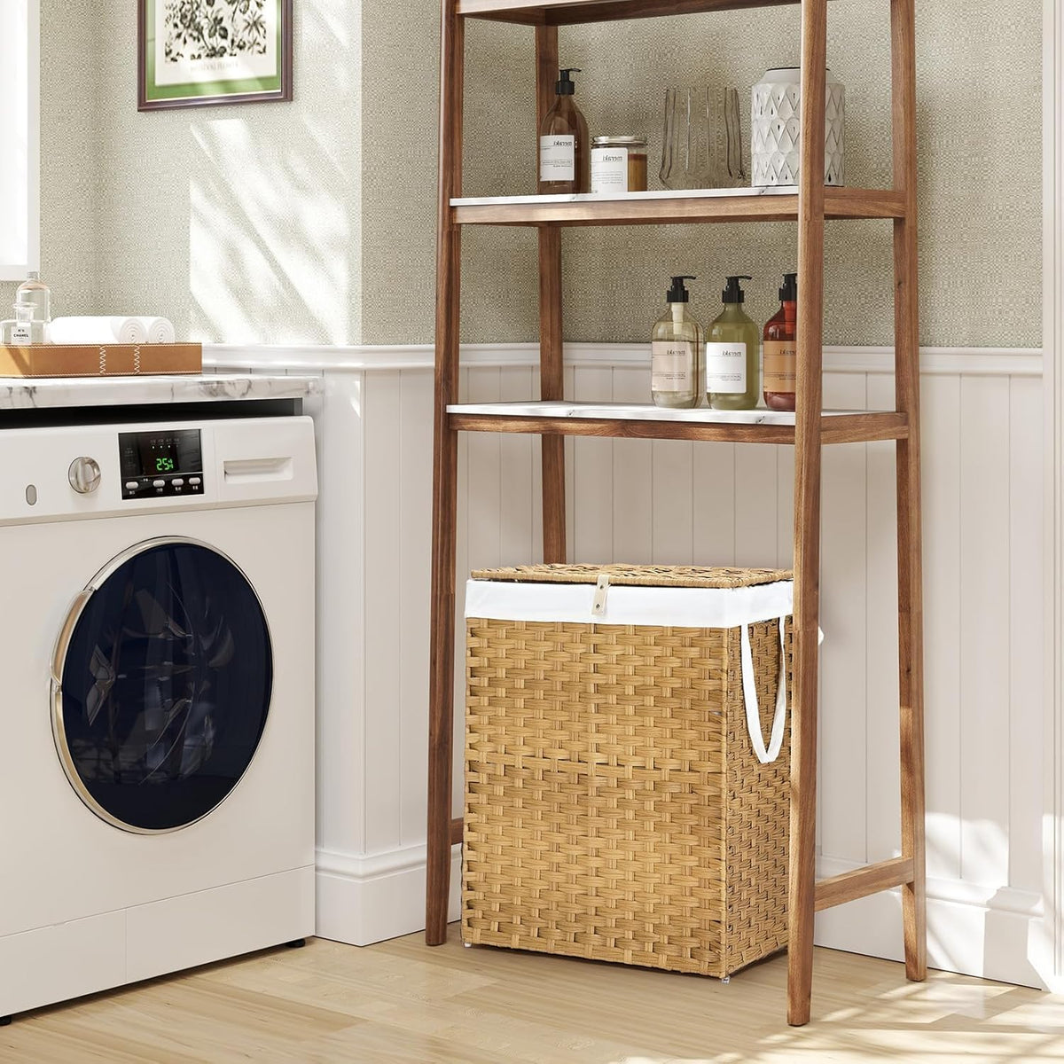 Laundry Hamper with Lid, 90 L Large Capacity Hamper, Rattan Laundry Basket with Compartments & Handles, Foldable, Removable Liner, Dove Gray
