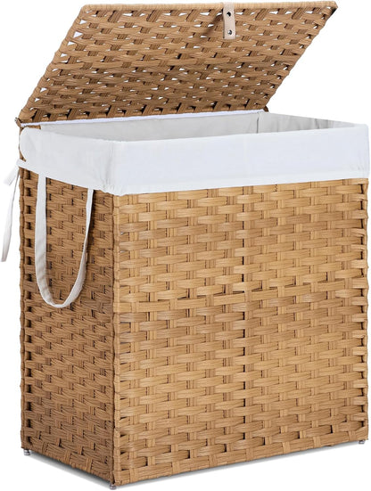 Laundry Hamper with Lid, 90 L Large Capacity Hamper, Rattan Laundry Basket with Compartments & Handles, Foldable, Removable Liner, Dove Gray
