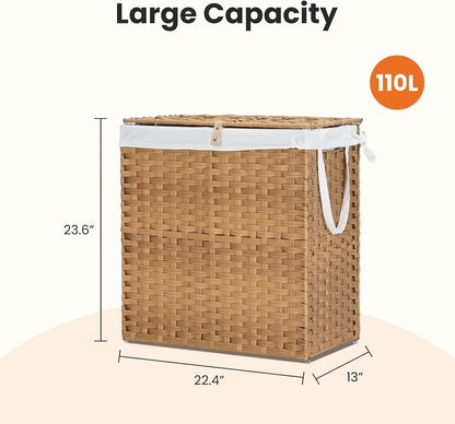 Laundry Hamper with Lid, 90 L Large Capacity Hamper, Rattan Laundry Basket with Compartments & Handles, Foldable, Removable Liner, Dove Gray