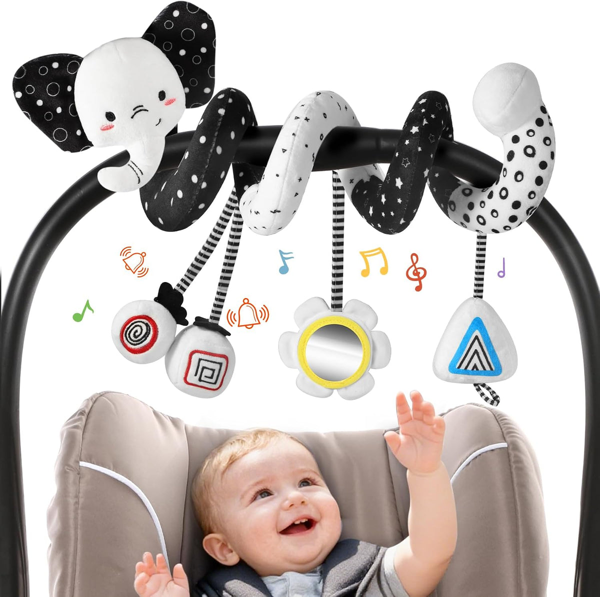 High Contrast Car Seat Toys for Babies 0-6 Months, Black and White