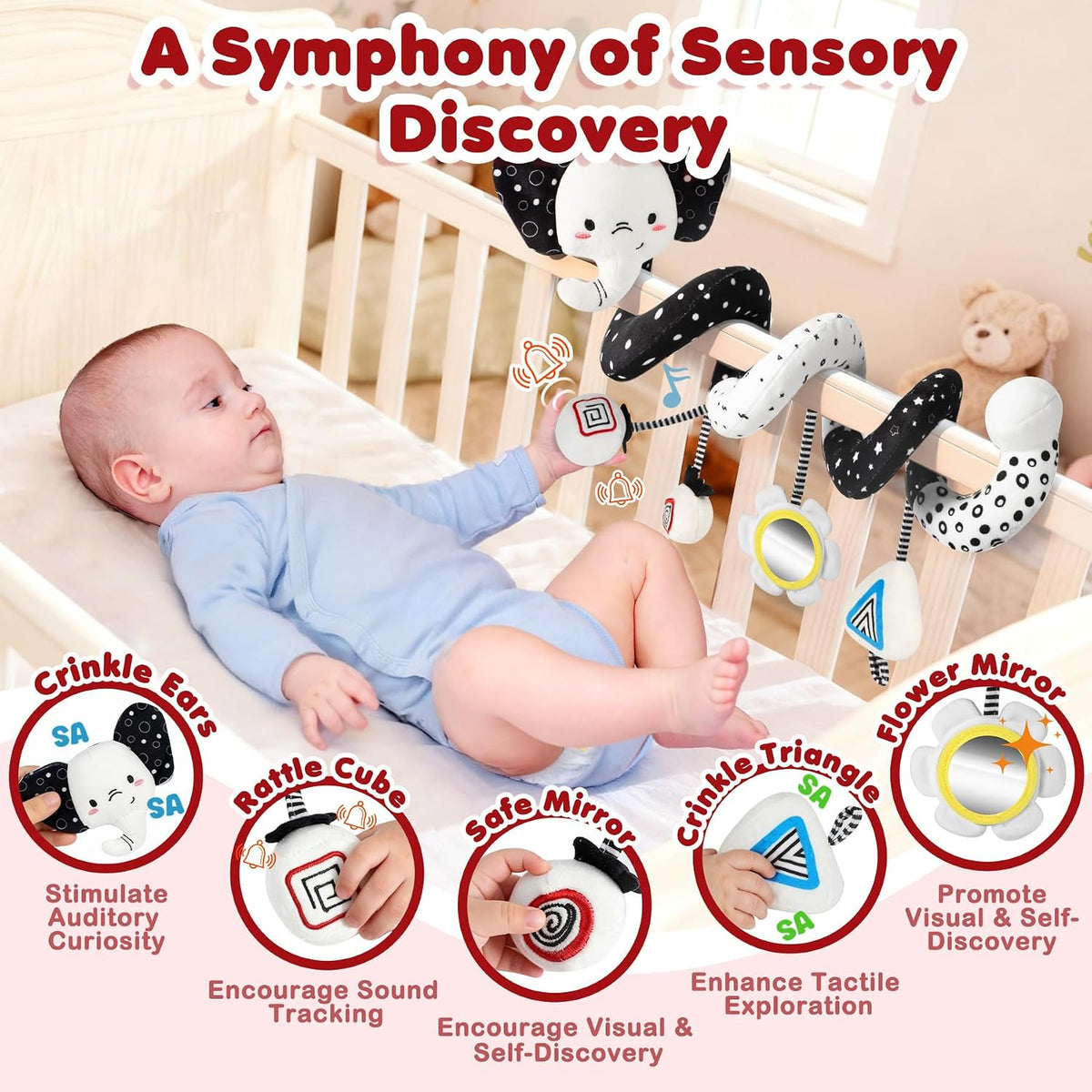 High Contrast Car Seat Toys for Babies 0-6 Months, Black and White