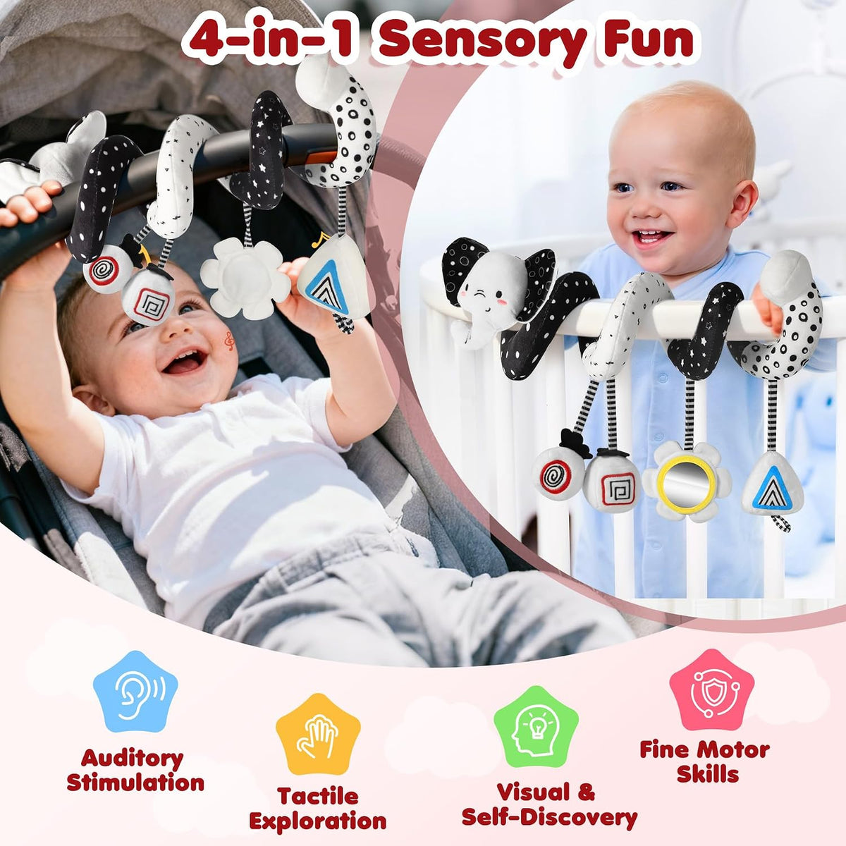 High Contrast Car Seat Toys for Babies 0-6 Months, Black and White
