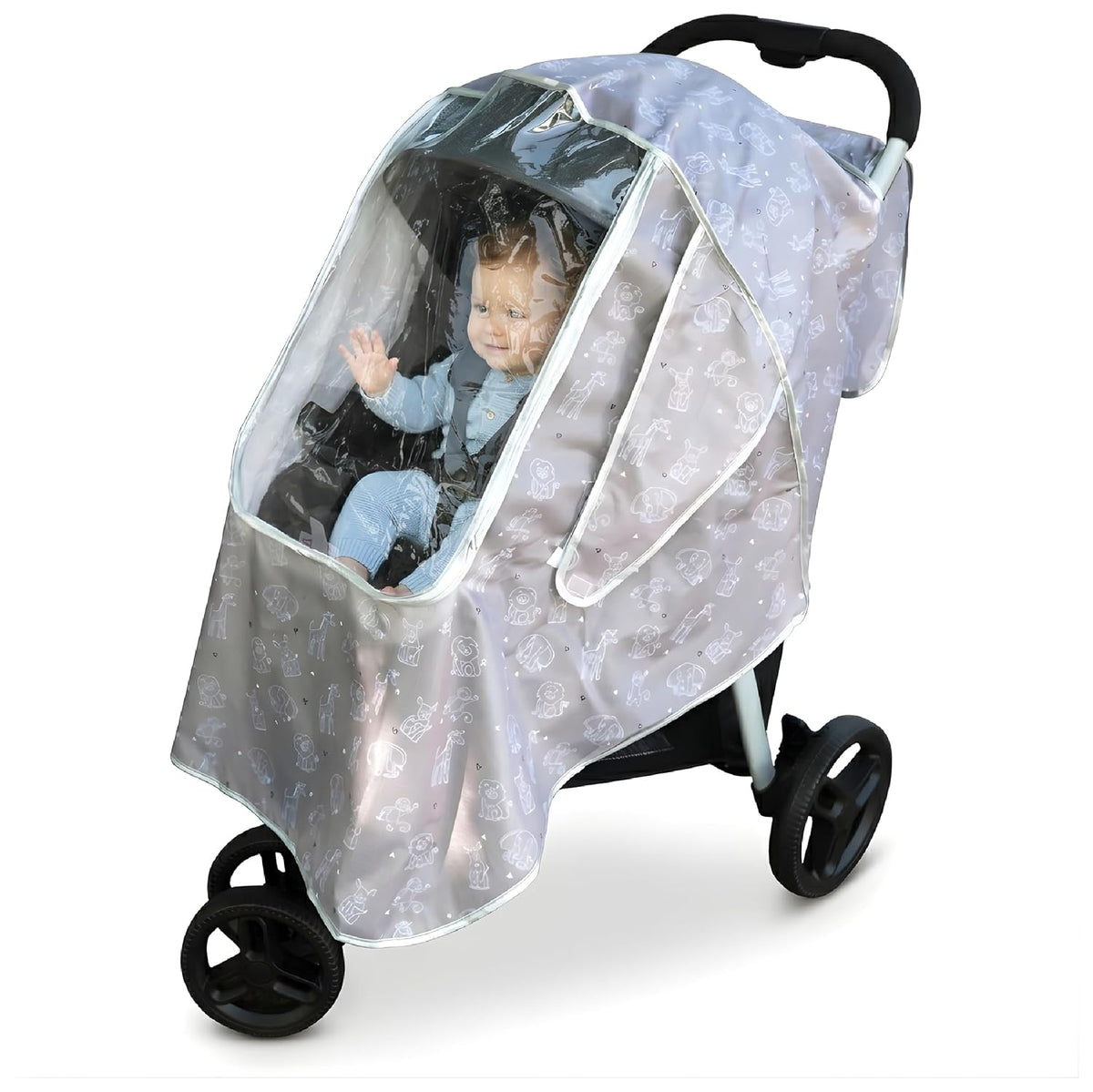 Universal Stroller Rain Cover with Zoo Animal Design – Waterproof Weather Shield, Clear Front Window & Roll-Up Panel, Machine Washable, Grey