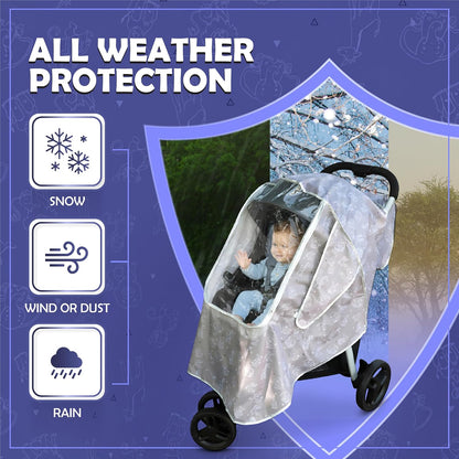Universal Stroller Rain Cover with Zoo Animal Design – Waterproof Weather Shield, Clear Front Window & Roll-Up Panel, Machine Washable, Grey