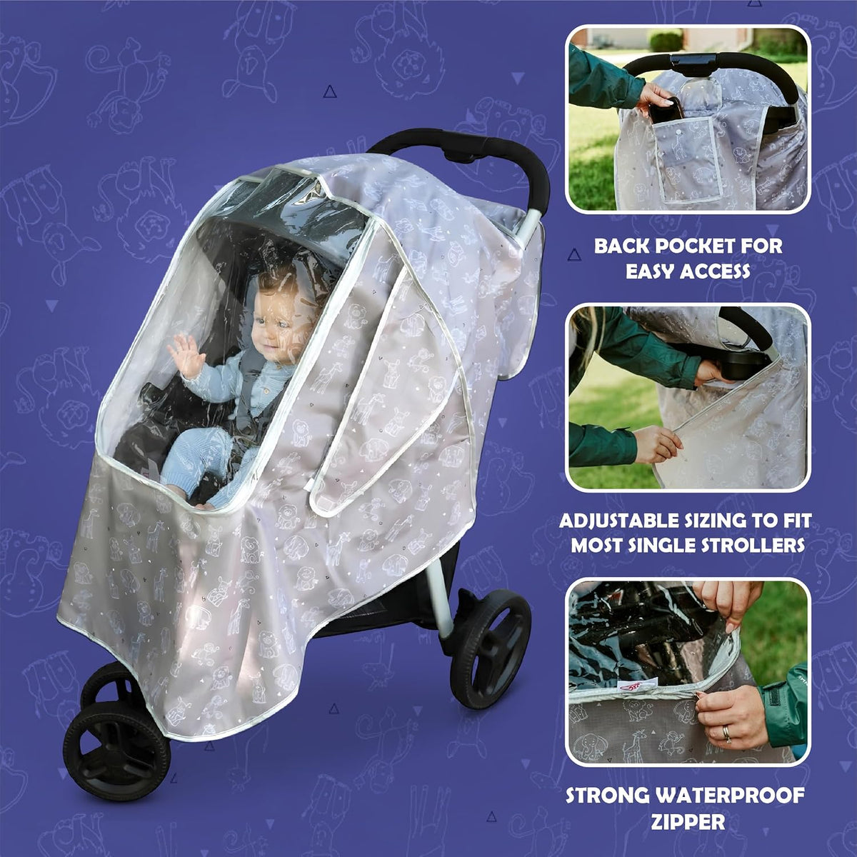 Universal Stroller Rain Cover with Zoo Animal Design – Waterproof Weather Shield, Clear Front Window & Roll-Up Panel, Machine Washable, Grey
