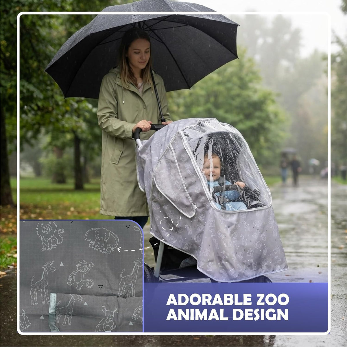 Universal Stroller Rain Cover with Zoo Animal Design – Waterproof Weather Shield, Clear Front Window & Roll-Up Panel, Machine Washable, Grey