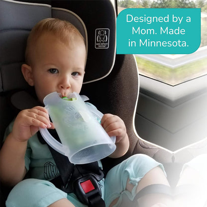Squeeze Proof Food Pouch Holder for Toddlers, Babies, Kids, Mess Free No Squeeze Juice Box Drink and Applesauce Snack Holder with Easy Grip Handles and Lid