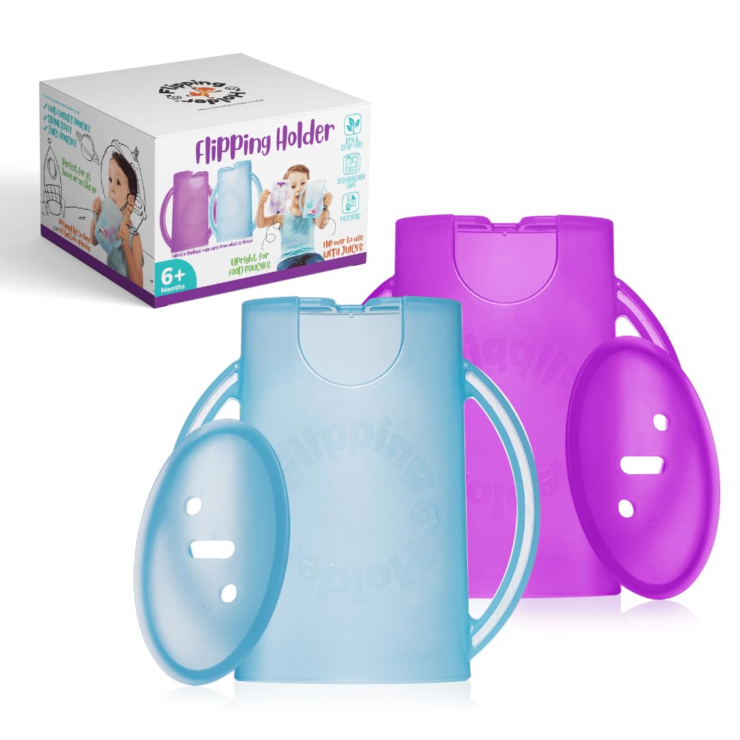 Squeeze Proof Food Pouch Holder for Toddlers, Babies, Kids, Mess Free No Squeeze Juice Box Drink and Applesauce Snack Holder with Easy Grip Handles and Lid