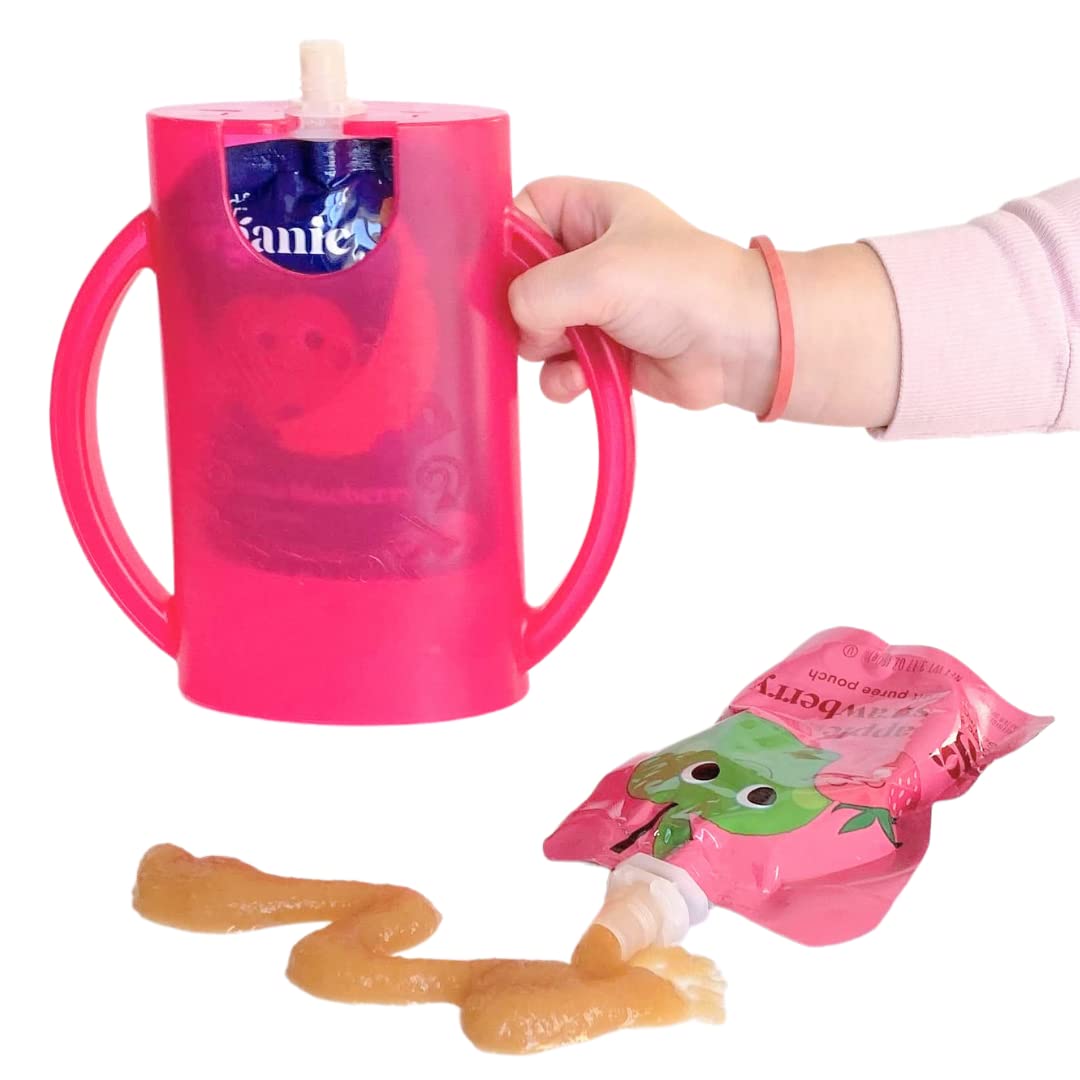 Squeeze Proof Food Pouch Holder for Toddlers, Babies, Kids, Mess Free No Squeeze Juice Box Drink and Applesauce Snack Holder with Easy Grip Handles and Lid