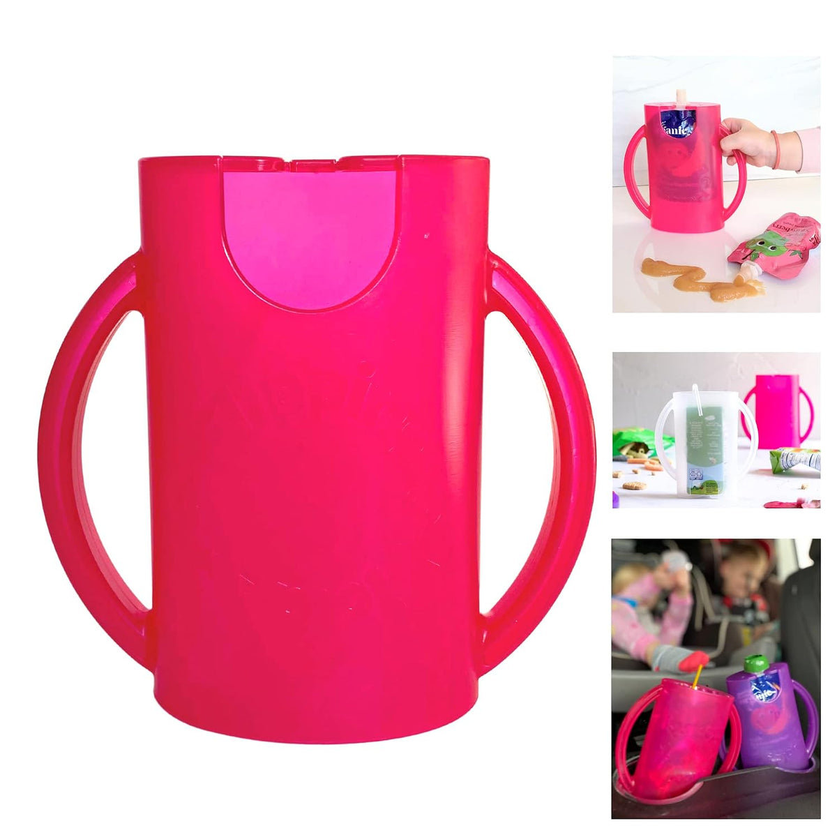 Squeeze Proof Food Pouch Holder for Toddlers, Babies, Kids, Mess Free No Squeeze Juice Box Drink and Applesauce Snack Holder with Easy Grip Handles and Lid