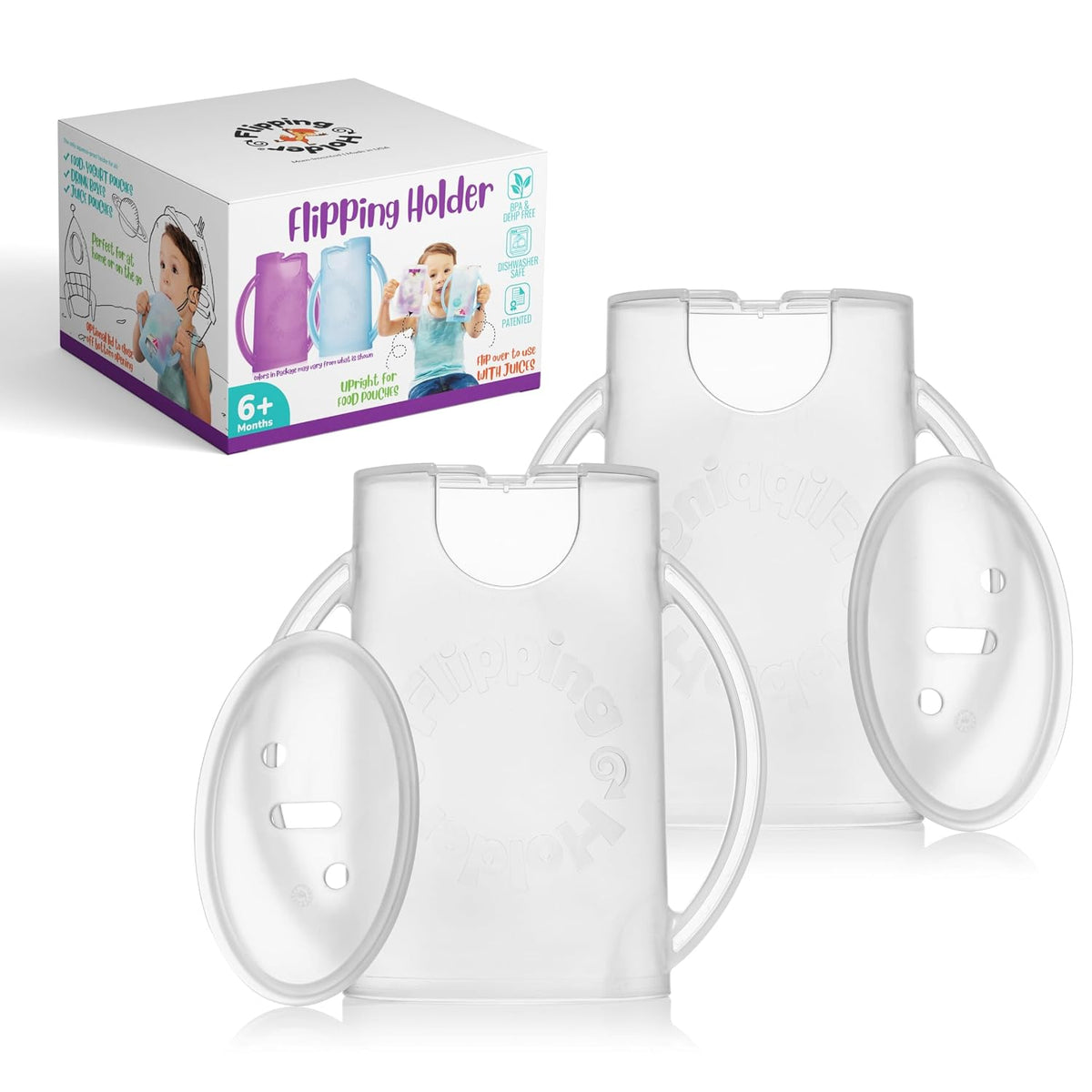 Squeeze Proof Food Pouch Holder for Toddlers, Babies, Kids, Mess Free No Squeeze Juice Box Drink and Applesauce Snack Holder with Easy Grip Handles and Lid