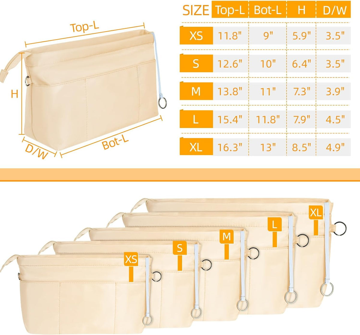 Purse Organizer Insert with Zipped Top for Tote Bag, Handbag Shaper with 13 Pockets