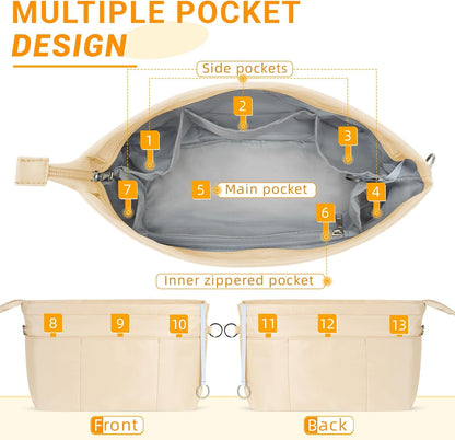 Purse Organizer Insert with Zipped Top for Tote Bag, Handbag Shaper with 13 Pockets