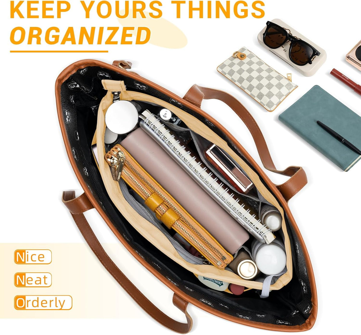 Purse Organizer Insert with Zipped Top for Tote Bag, Handbag Shaper with 13 Pockets