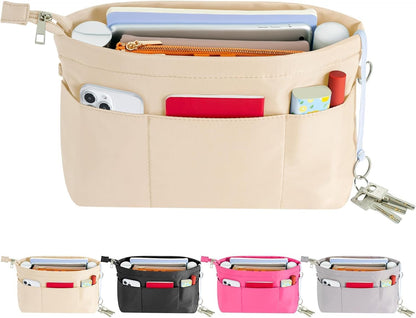 Purse Organizer Insert with Zipped Top for Tote Bag, Handbag Shaper with 13 Pockets