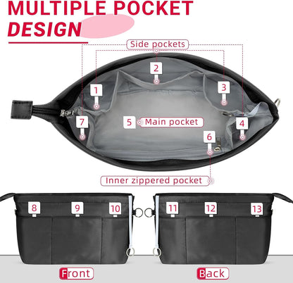 Purse Organizer Insert with Zipped Top for Tote Bag, Handbag Shaper with 13 Pockets