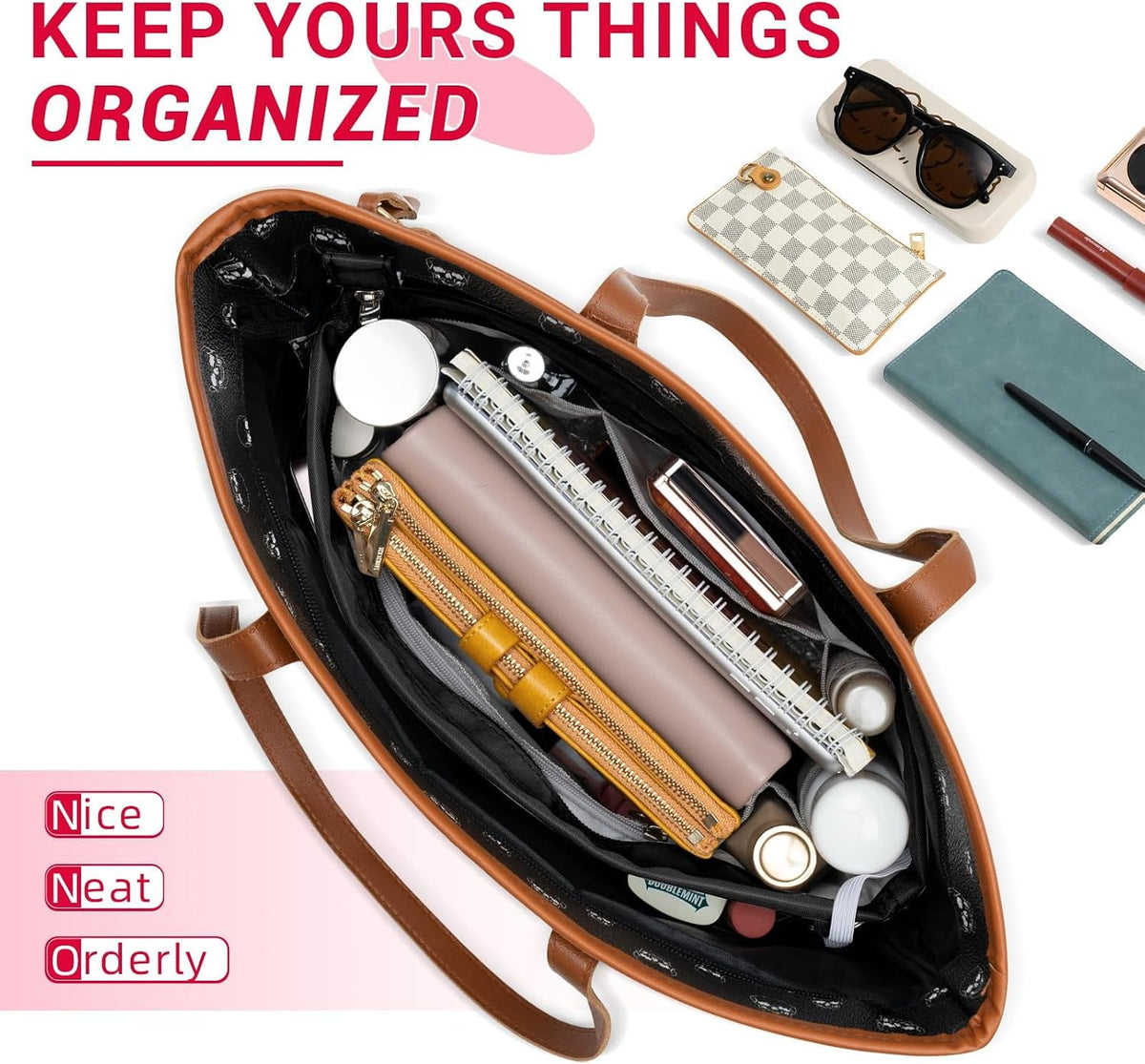 Purse Organizer Insert with Zipped Top for Tote Bag, Handbag Shaper with 13 Pockets
